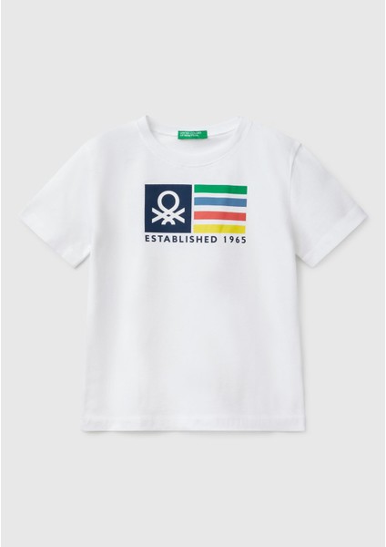 Erkek Çocuk Beyaz Benetton Logo Baskılı T-Shirt