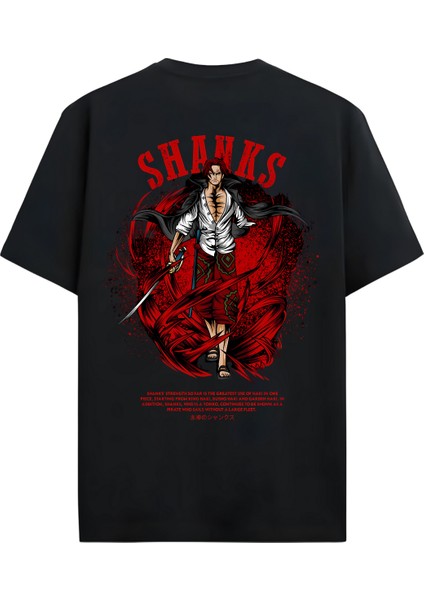 Oversize Bisiklet Yaka Shanks Baskılı Kısa Kollu Siyah Tişört