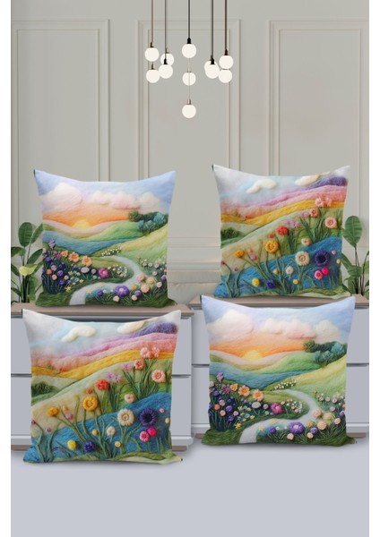 4'lü Kırlent Kılıf Seti Doğa Deseni Nakış Görünümlü Çift Taraflı Dijital Baskılı