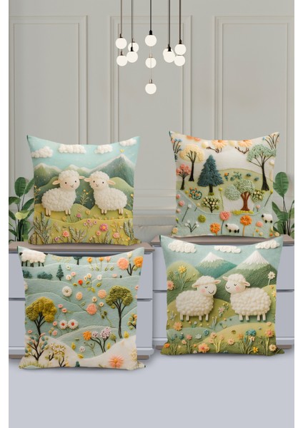 4'lü Kırlent Kılıf Seti Çocuk Deseni Keçe Görünümlü Çift Taraflı Dijital Baskılı