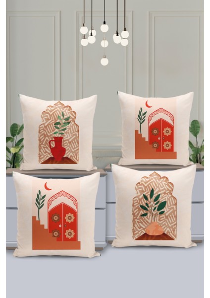 4'lü Kırlent Kılıf Seti Ramazan - Ramadan Desenli Çift Taraflı Dijital Baskılı