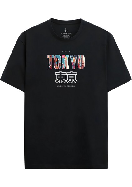 Oversize Bisiklet Yaka Tokyo Baskılı Kısa Kollu Siyah Tişört