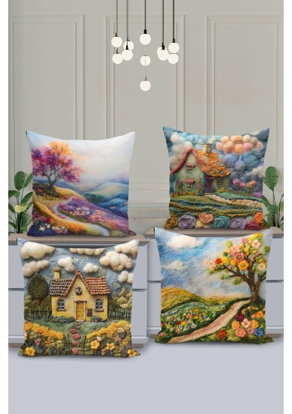 4'lü Kırlent Kılıf Seti Doğa Deseni Nakış Görünümlü Çift Taraflı Dijital Baskılı