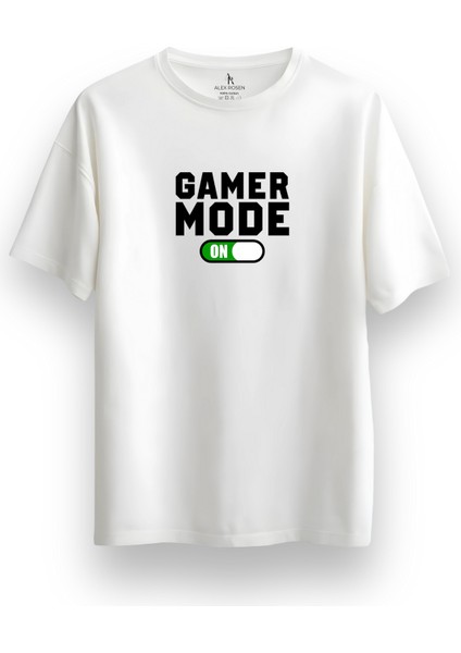 Oversize Bisiklet Yaka Game Mode Baskılı Kısa Kollu Beyaz Tişört