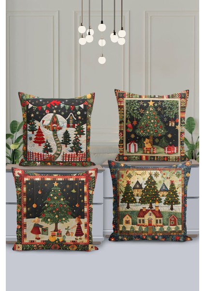 4'lü Kırlent Kılıf Seti Yılbaşı Christmas Deseni Çift Taraflı Dijital Baskılı