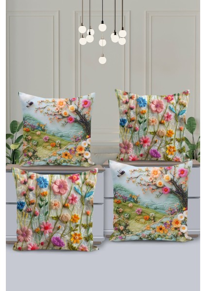 4'lü Kırlent Kılıf Seti Doğa Deseni Nakış Görünümlü Çift Taraflı Dijital Baskılı