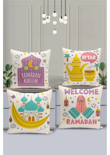 4'lü Kırlent Kılıf Seti Ramazan - Ramadan Desenli Çift Taraflı Dijital Baskılı