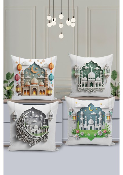 4'lü Kırlent Kılıf Seti Ramazan - Ramadan Desenli Çift Taraflı Dijital Baskılı