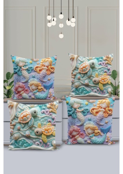 4'lü Kırlent Kılıf Seti Çocuk Deseni Keçe Görünümlü Çift Taraflı Dijital Baskılı