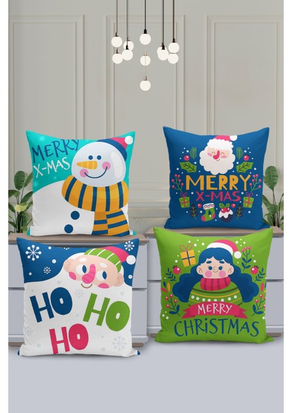 4'lü Kırlent Kılıf Seti Yılbaşı Christmas Deseni Çift Taraflı Dijital Baskılı