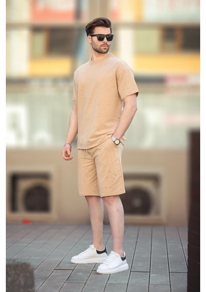 Bej Basic Erkek Şort T-Shirt Takımı E7309