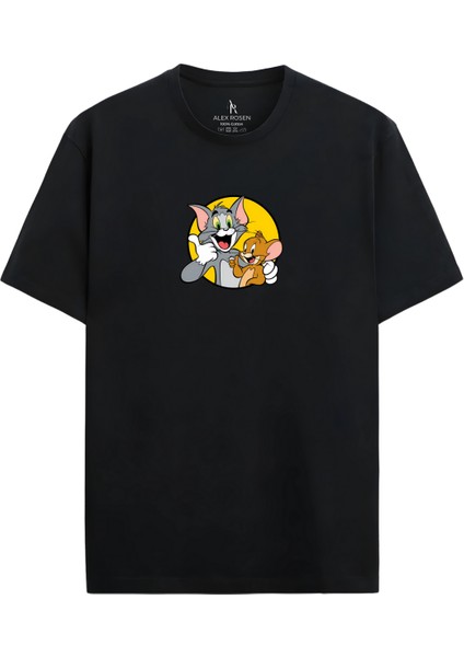Oversize Bisiklet Yaka Tom ve Jerry Baskılı Kısa Kollu Siyah Tişört