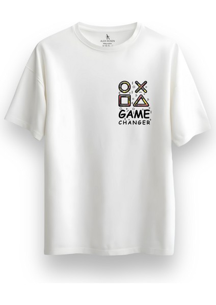 Oversize Bisiklet Yaka Game Changer Baskılı Kısa Kollu Beyaz Tişört