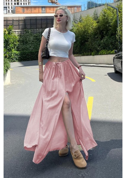 Pembe Beli Lastikli Yırtmaçlı Uzun Kadın Etek MG2062