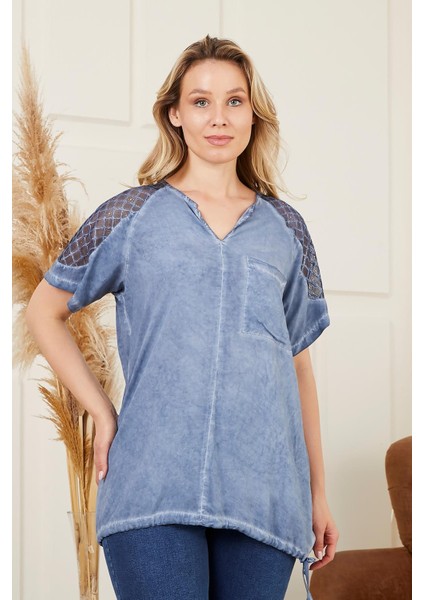 Eteği Bağlamalı Omuz Detaylı Büyük Beden Indigo Bluz