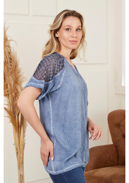 Eteği Bağlamalı Omuz Detaylı Büyük Beden Indigo Bluz fiyatları