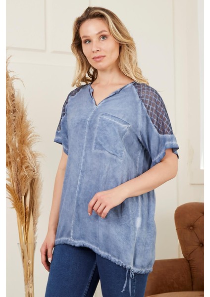 Eteği Bağlamalı Omuz Detaylı Büyük Beden Indigo Bluz modelleri