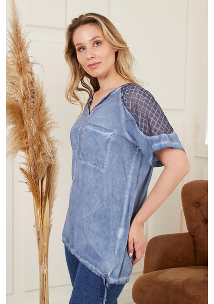 Eteği Bağlamalı Omuz Detaylı Büyük Beden Indigo Bluz fırsatları