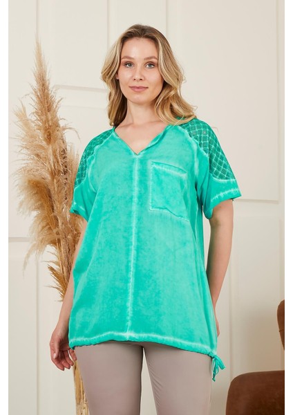 Eteği Bağlamalı Omuz Detaylı Büyük Beden Yeşil Bluz