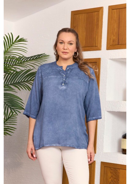 Yaka Pul Payet Detaylı Büyük Beden Indigo Bluz