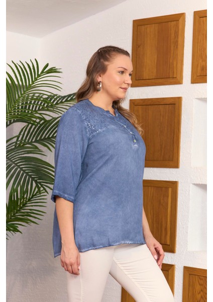 Yaka Pul Payet Detaylı Büyük Beden Indigo Bluz fiyatları