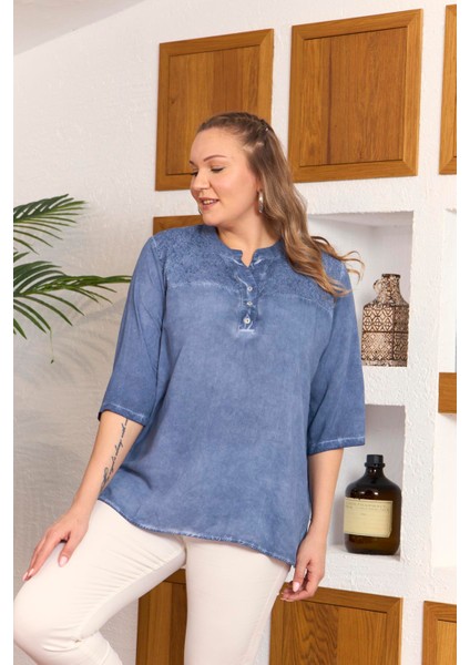 Yaka Pul Payet Detaylı Büyük Beden Indigo Bluz modelleri