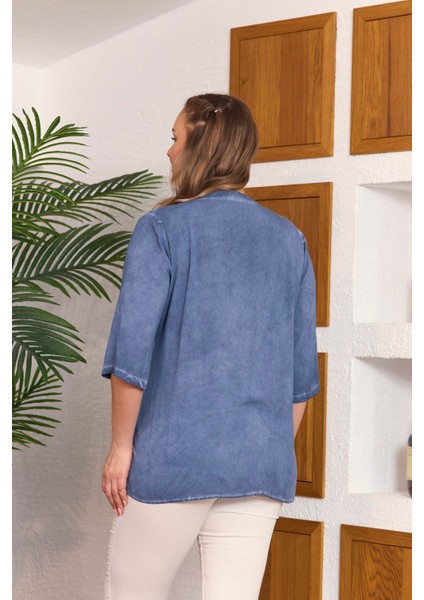 Yaka Pul Payet Detaylı Büyük Beden Indigo Bluz fırsatları