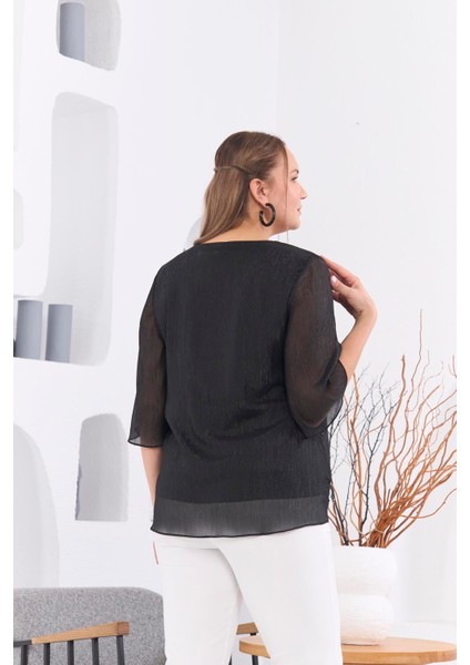 V Yaka Desenli Büyük Beden Siyah Bluz modelleri