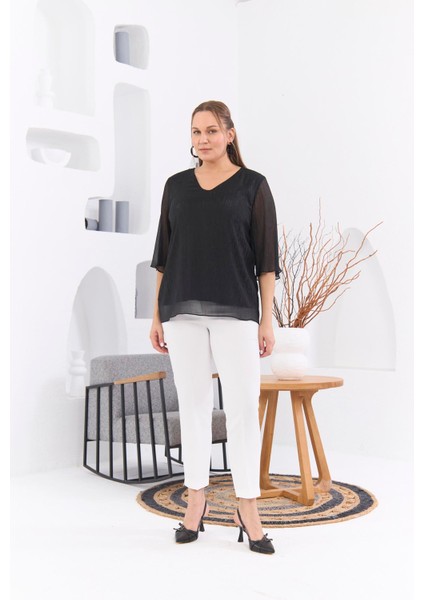 V Yaka Desenli Büyük Beden Siyah Bluz indirimleri