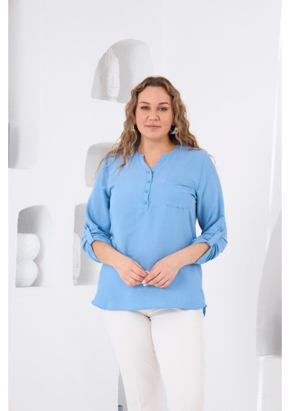Hakim Yaka Mavi Büyük Beden Bluz