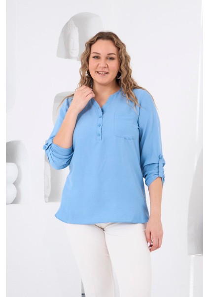 Hakim Yaka Mavi Büyük Beden Bluz modelleri