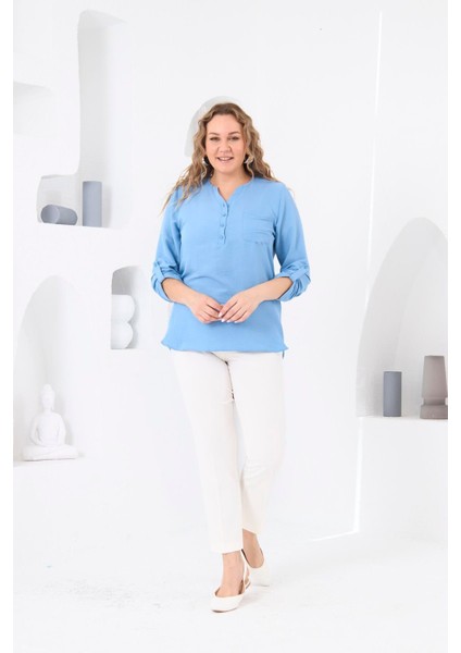 Hakim Yaka Mavi Büyük Beden Bluz indirimleri