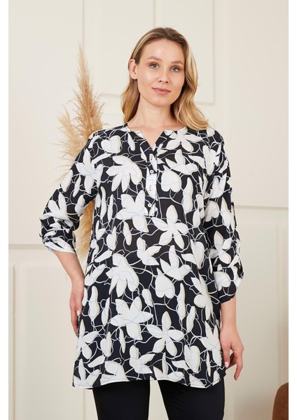 Çiçek Desenli Vual Viskon Büyük Beden Siyah Tunik