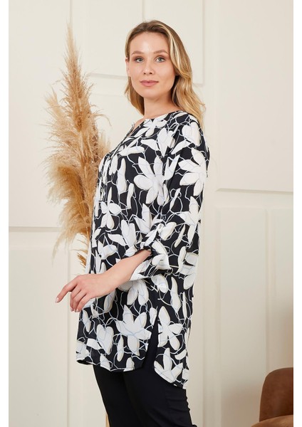 Çiçek Desenli Vual Viskon Büyük Beden Siyah Tunik fiyatları