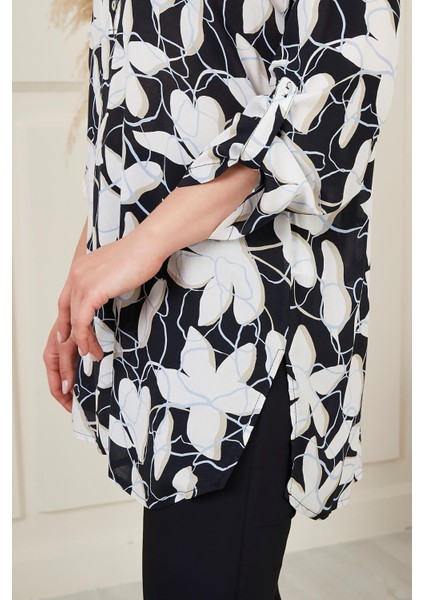 Çiçek Desenli Vual Viskon Büyük Beden Siyah Tunik modelleri