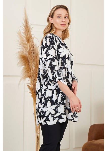 Çiçek Desenli Vual Viskon Büyük Beden Siyah Tunik fırsatları