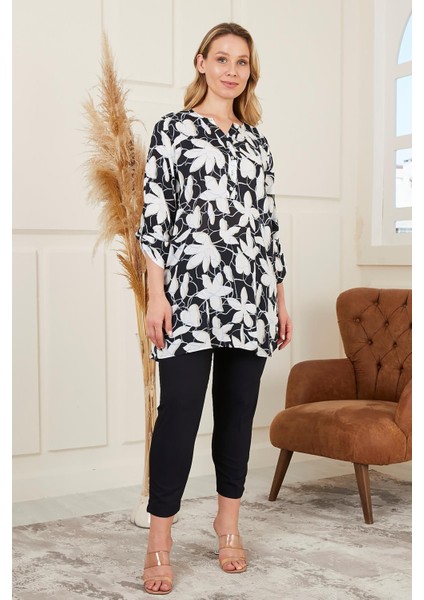 Çiçek Desenli Vual Viskon Büyük Beden Siyah Tunik indirimleri