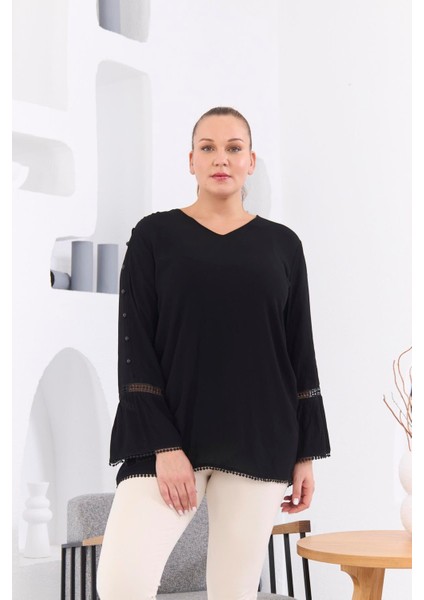 Kol Detaylı Büyük Beden Kırinkıl Siyah Bluz