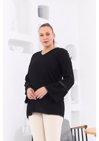 Kol Detaylı Büyük Beden Kırinkıl Siyah Bluz modelleri