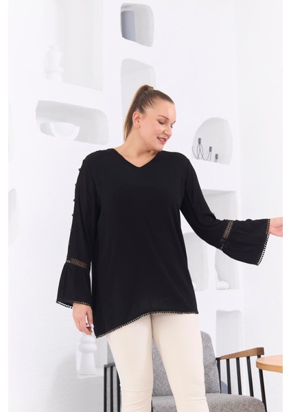 Kol Detaylı Büyük Beden Kırinkıl Siyah Bluz fırsatları