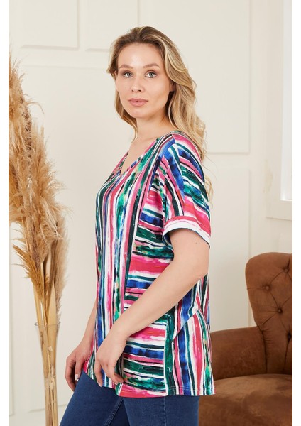 Çizgili Büyük Beden Fuşya Bluz modelleri