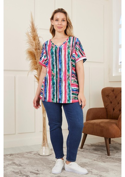Çizgili Büyük Beden Fuşya Bluz indirimleri