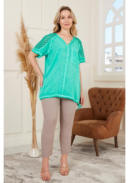 Eteği Bağlamalı Omuz Detaylı Büyük Beden Yeşil Bluz indirimleri