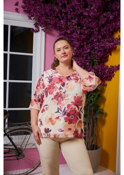 Çiçek Desenli Kol Lastikli Bisiklet Yaka Büyük Beden Şifon Bluz Mor modelleri