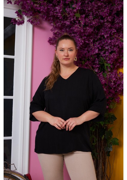 Kol Detaylı V Yaka Büyük Beden Bluz Siyah