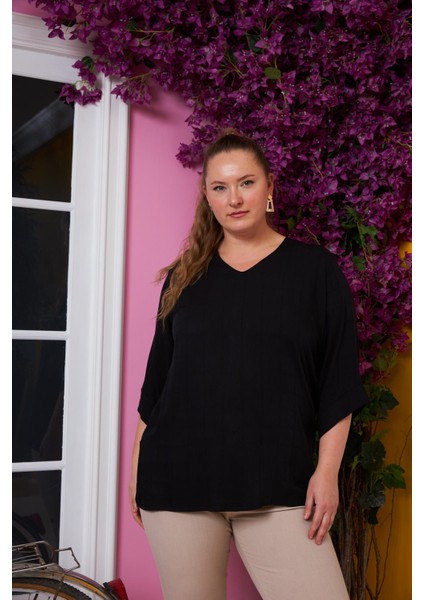 Kol Detaylı V Yaka Büyük Beden Bluz Siyah modelleri