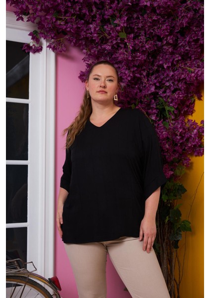 Kol Detaylı V Yaka Büyük Beden Bluz Siyah fırsatları