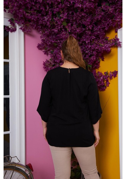 Kol Detaylı V Yaka Büyük Beden Bluz Siyah indirimleri