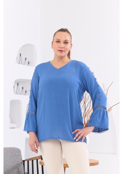 Kol Detaylı Büyük Beden Kırinkıl Indigo Bluz