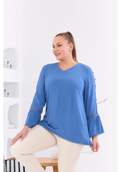 Kol Detaylı Büyük Beden Kırinkıl Indigo Bluz fiyatları
